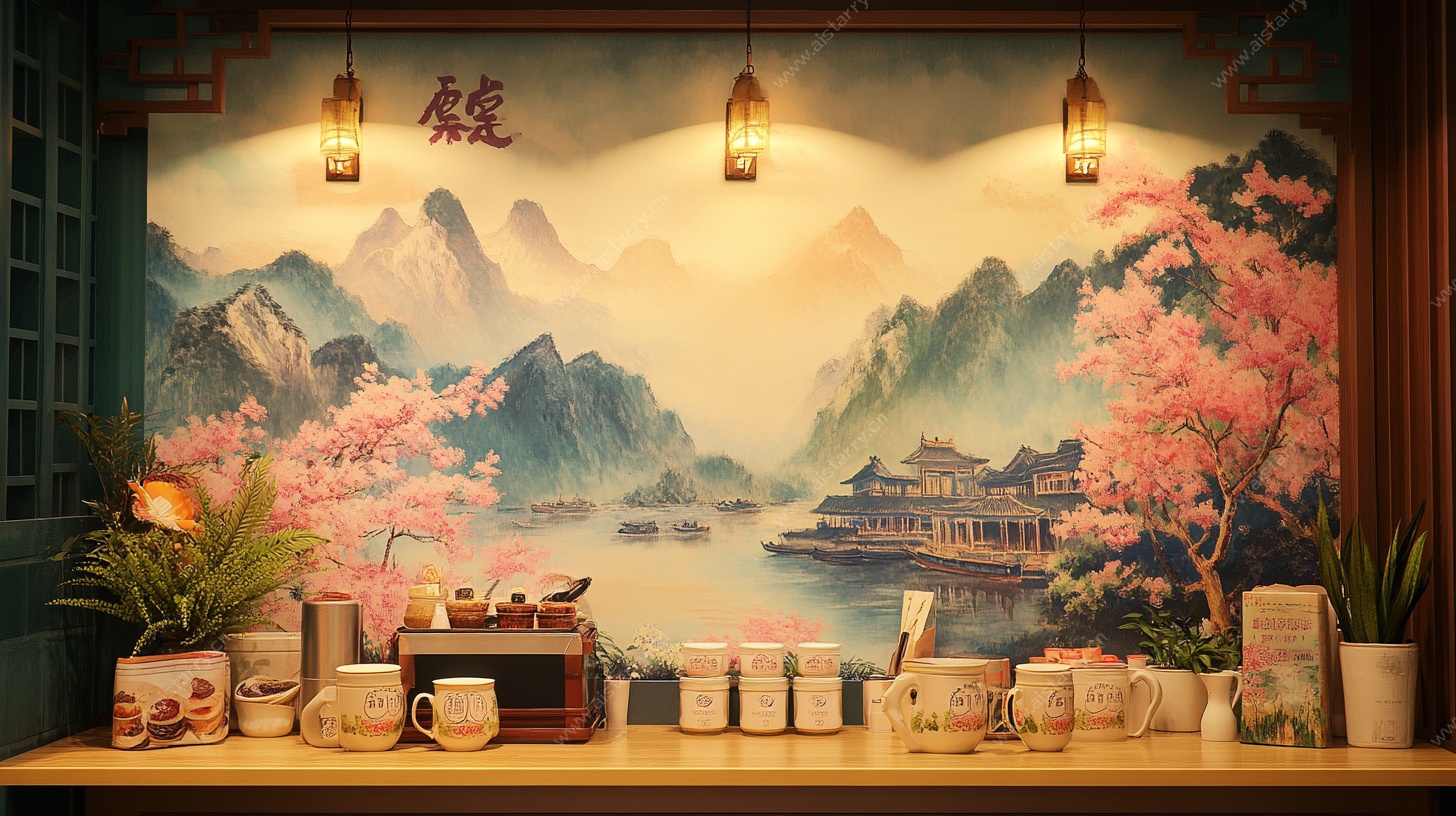 中式茶室装饰 古风山水壁画