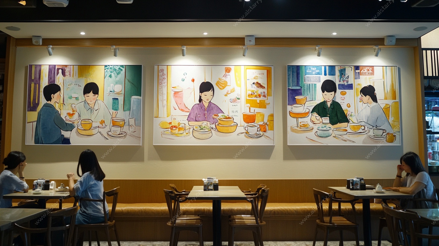 餐厅内的美食主题壁画场景