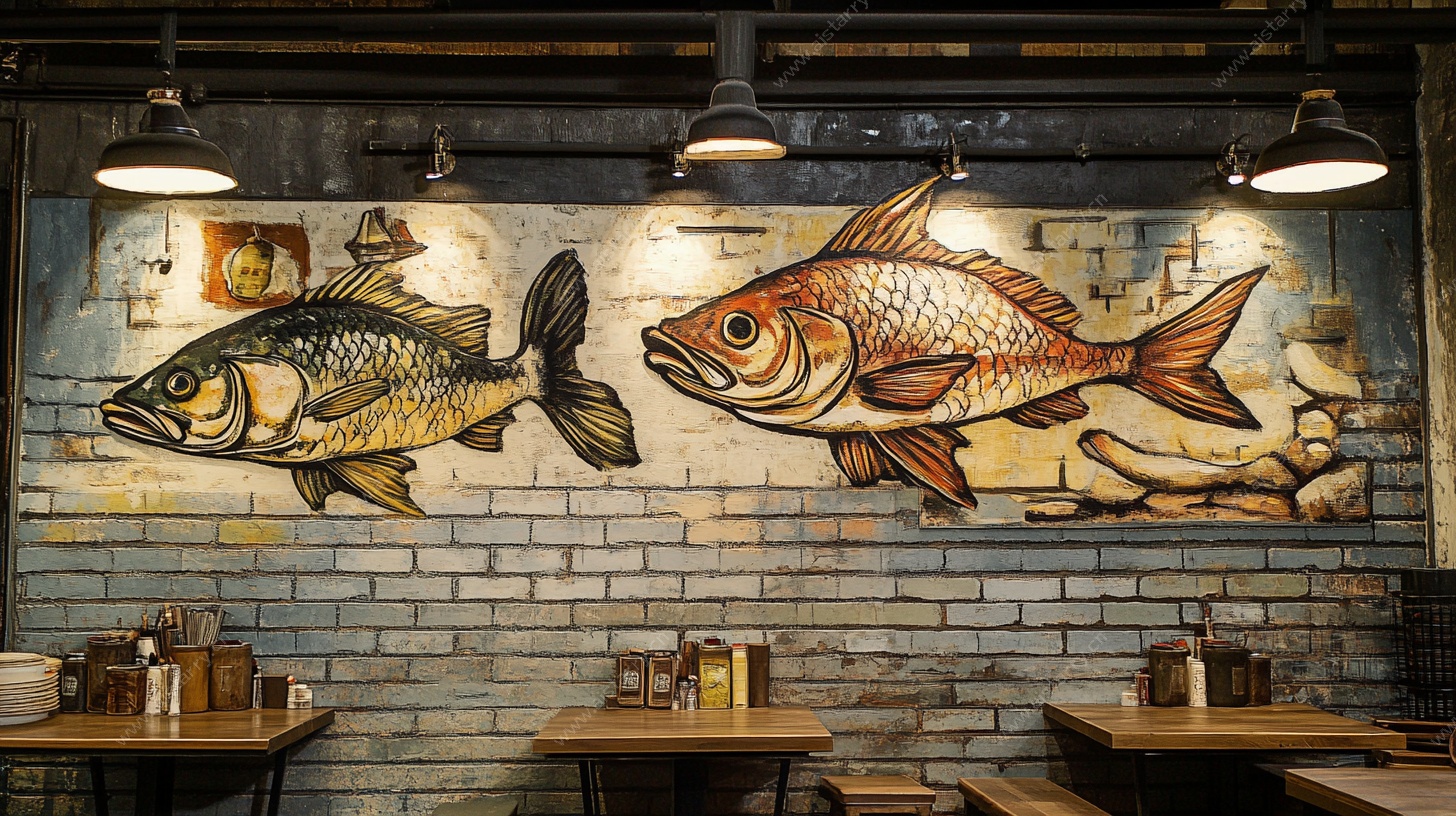 餐厅砖墙鱼主题壁画