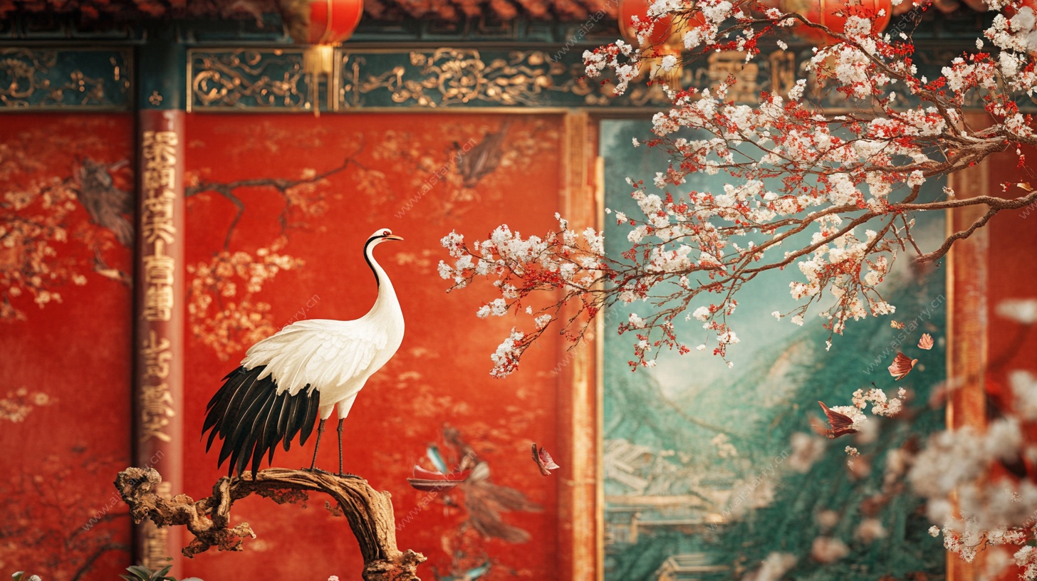 丹顶鹤栖于中式古典景中