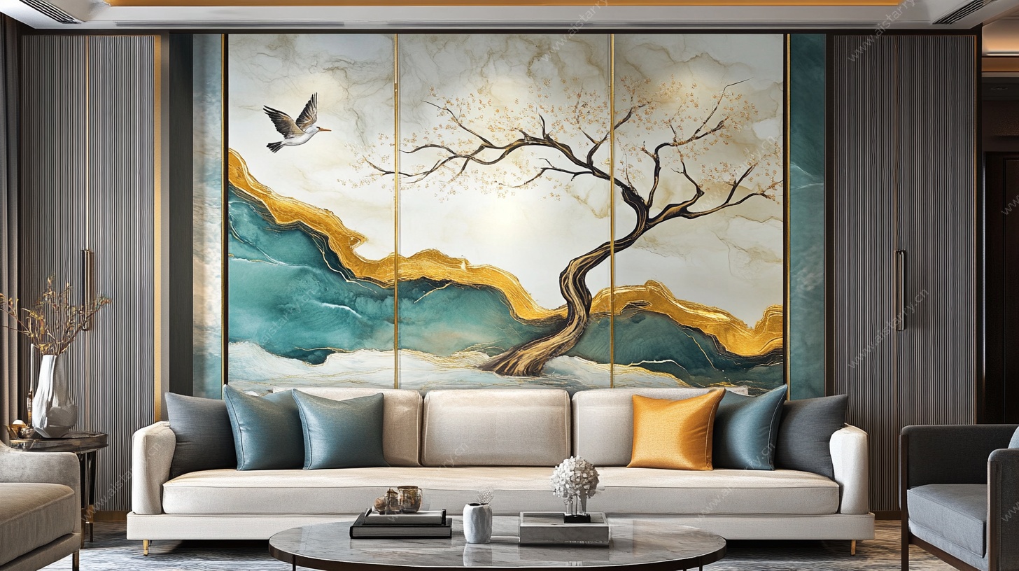 中式客厅山水树艺术壁画