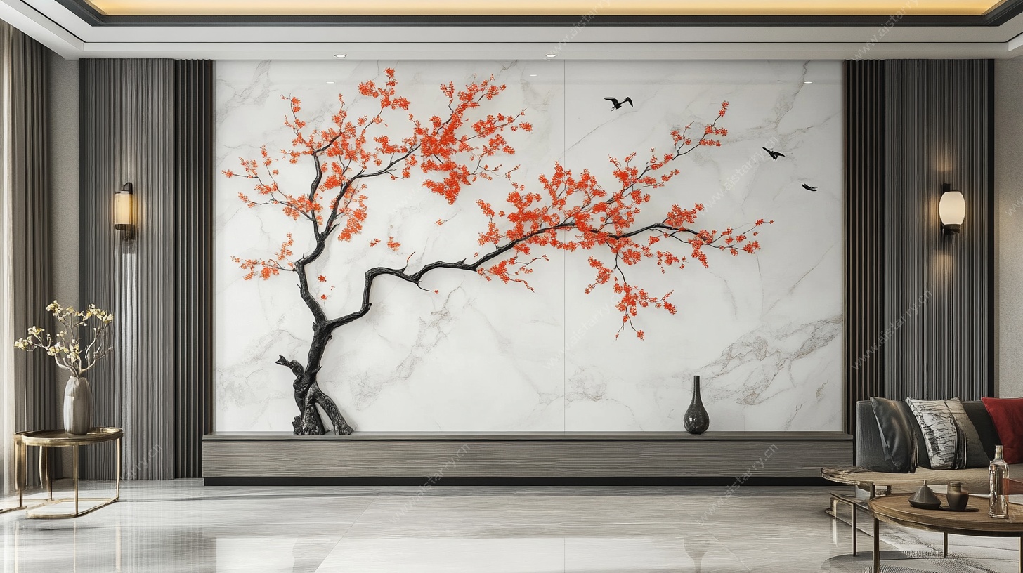 中式客厅背景墙红梅装饰画