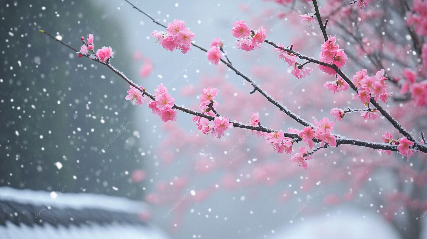 雪中绽放的粉色梅花