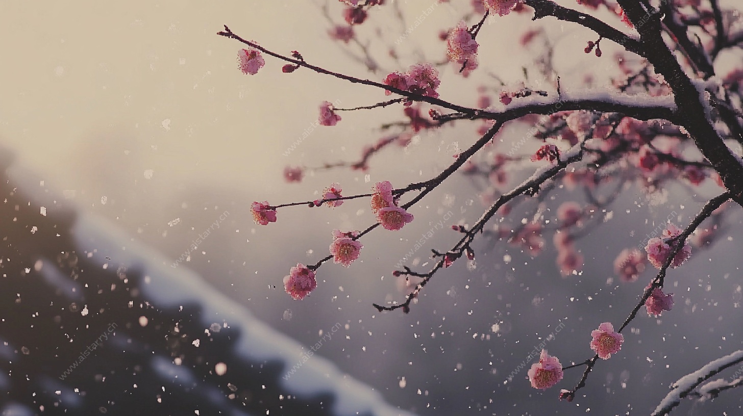 雪中绽放的粉色梅花