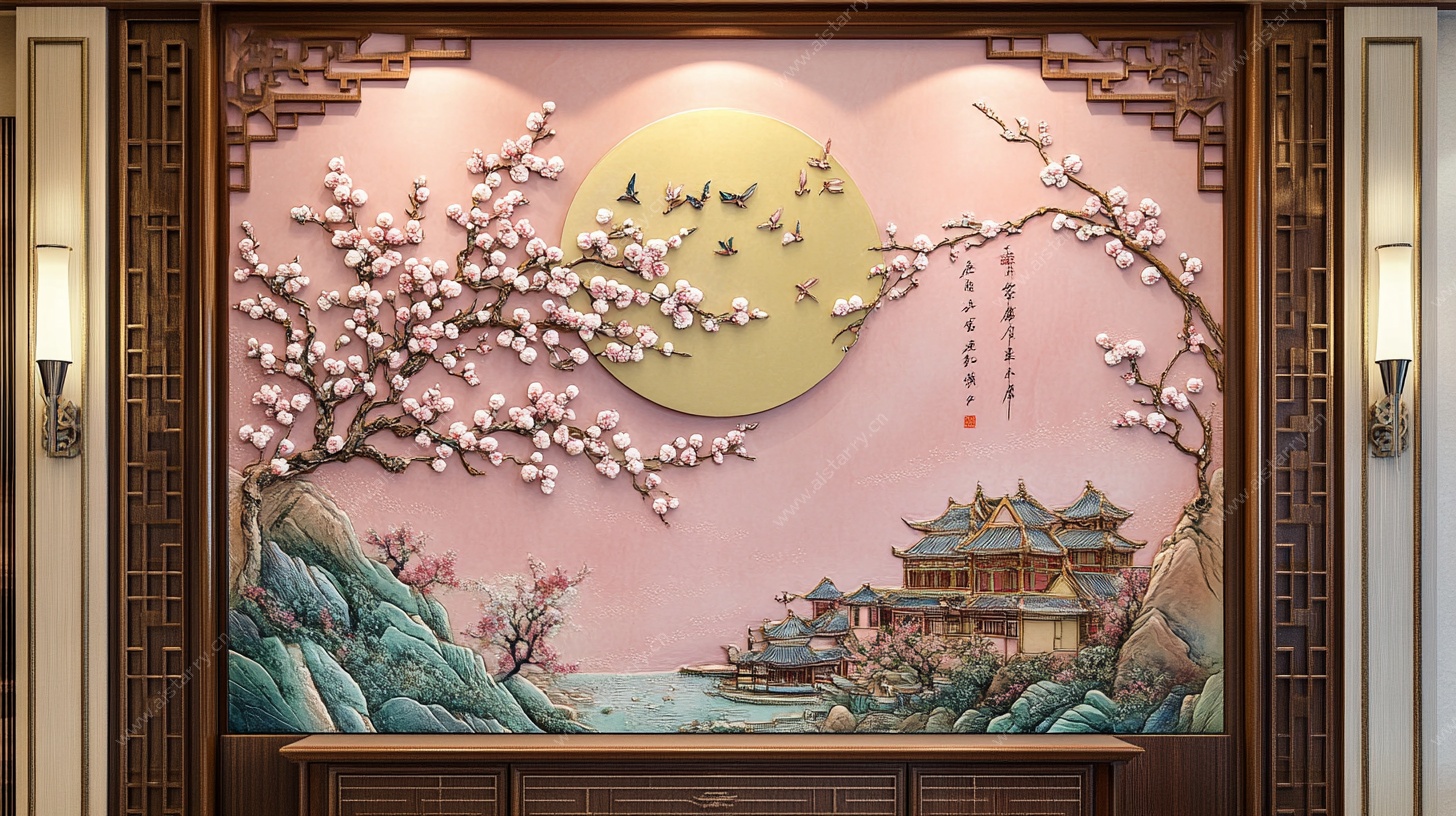 中式典雅山水花鸟背景墙