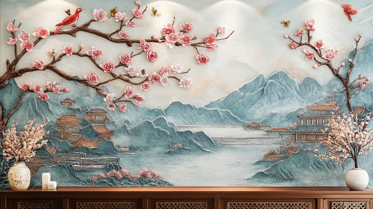 中式花鸟山水背景墙装饰画