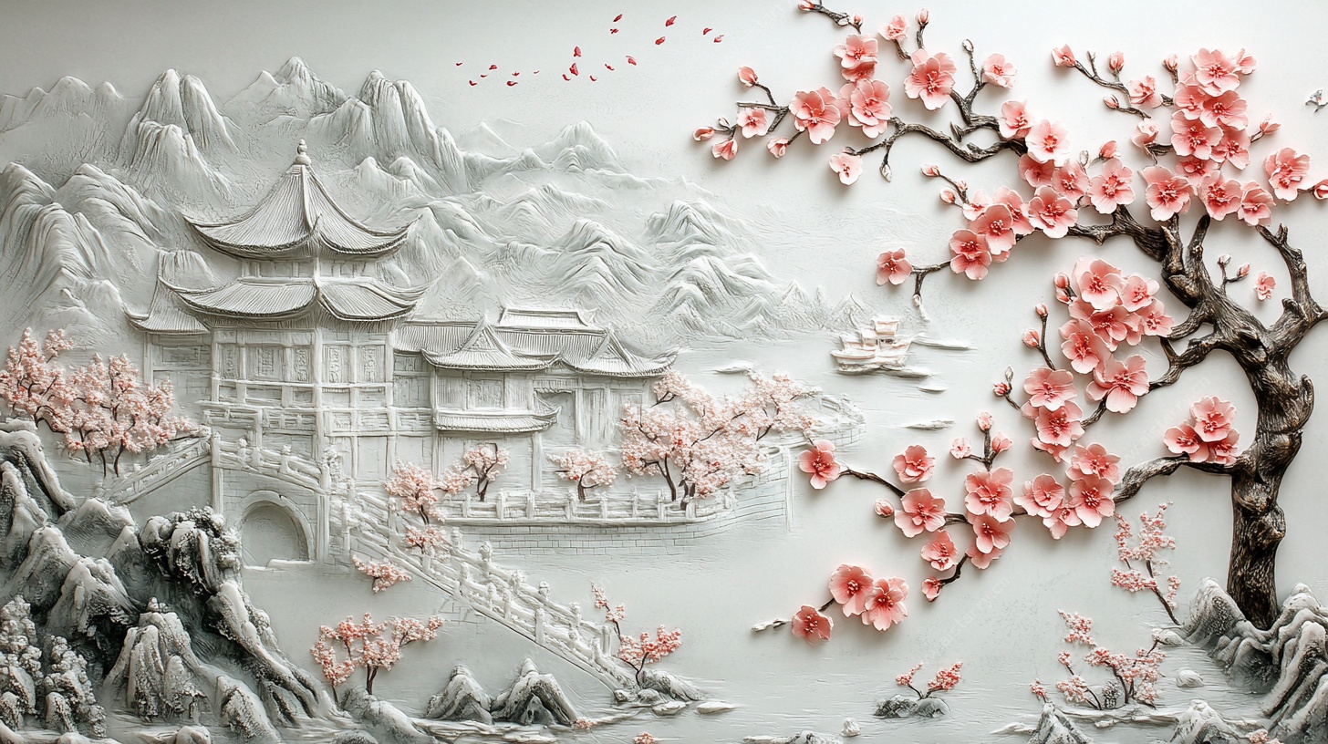 中式浮雕山水梅花美景图