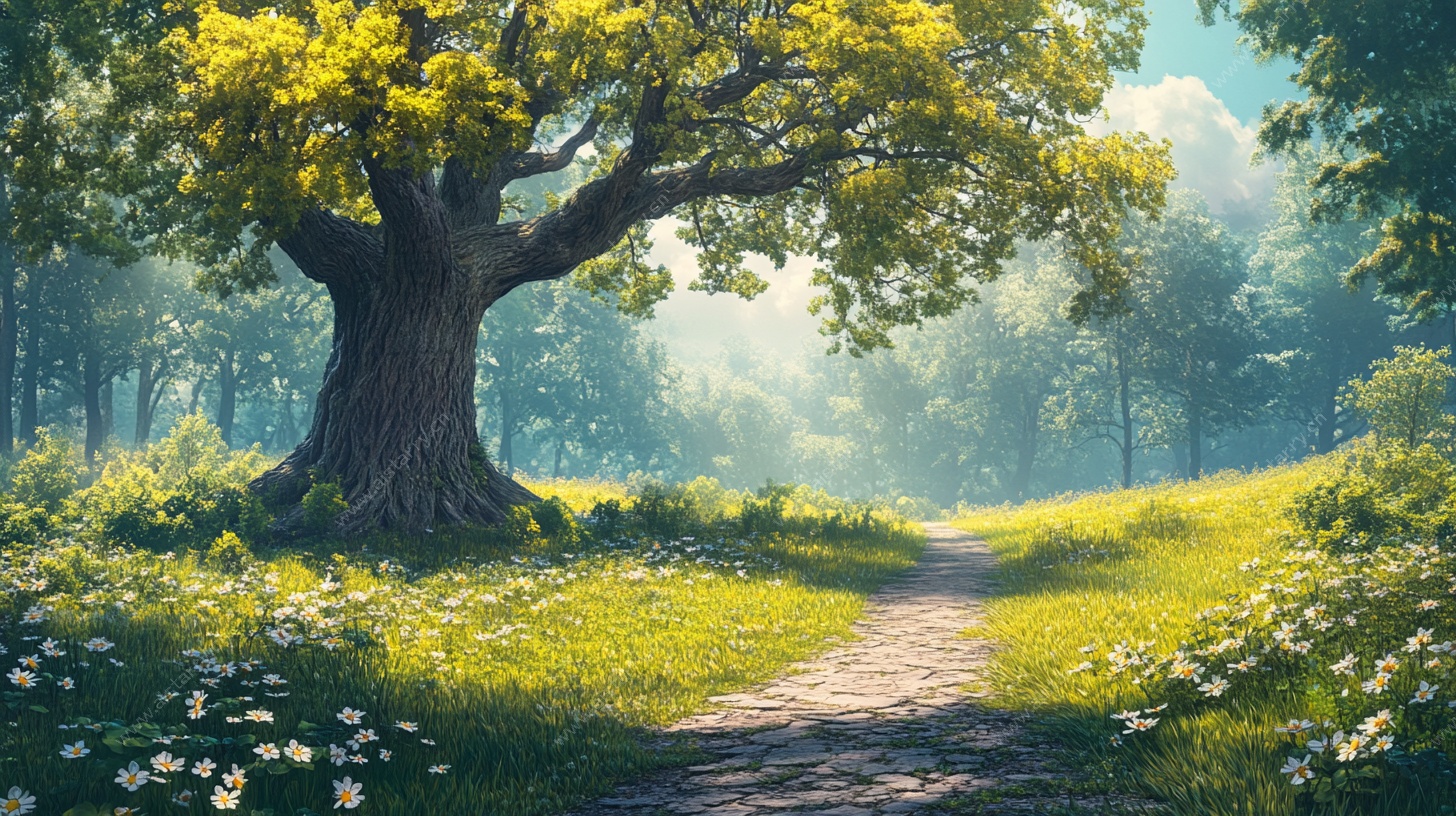 林间幽径大树下的梦幻风景