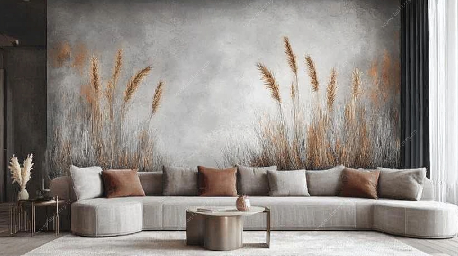 现代风客厅 芦苇壁画沙发景