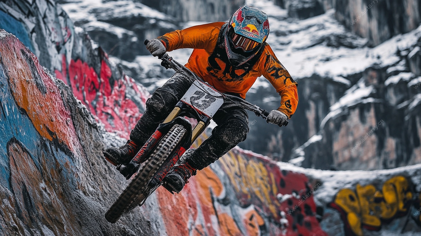 山地车手在雪崖涂鸦处飞驰