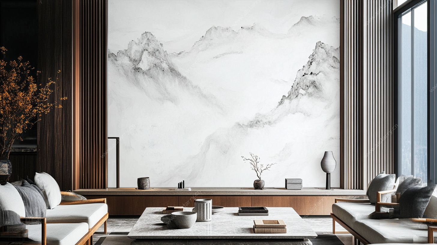 中式客厅的水墨山水背景墙