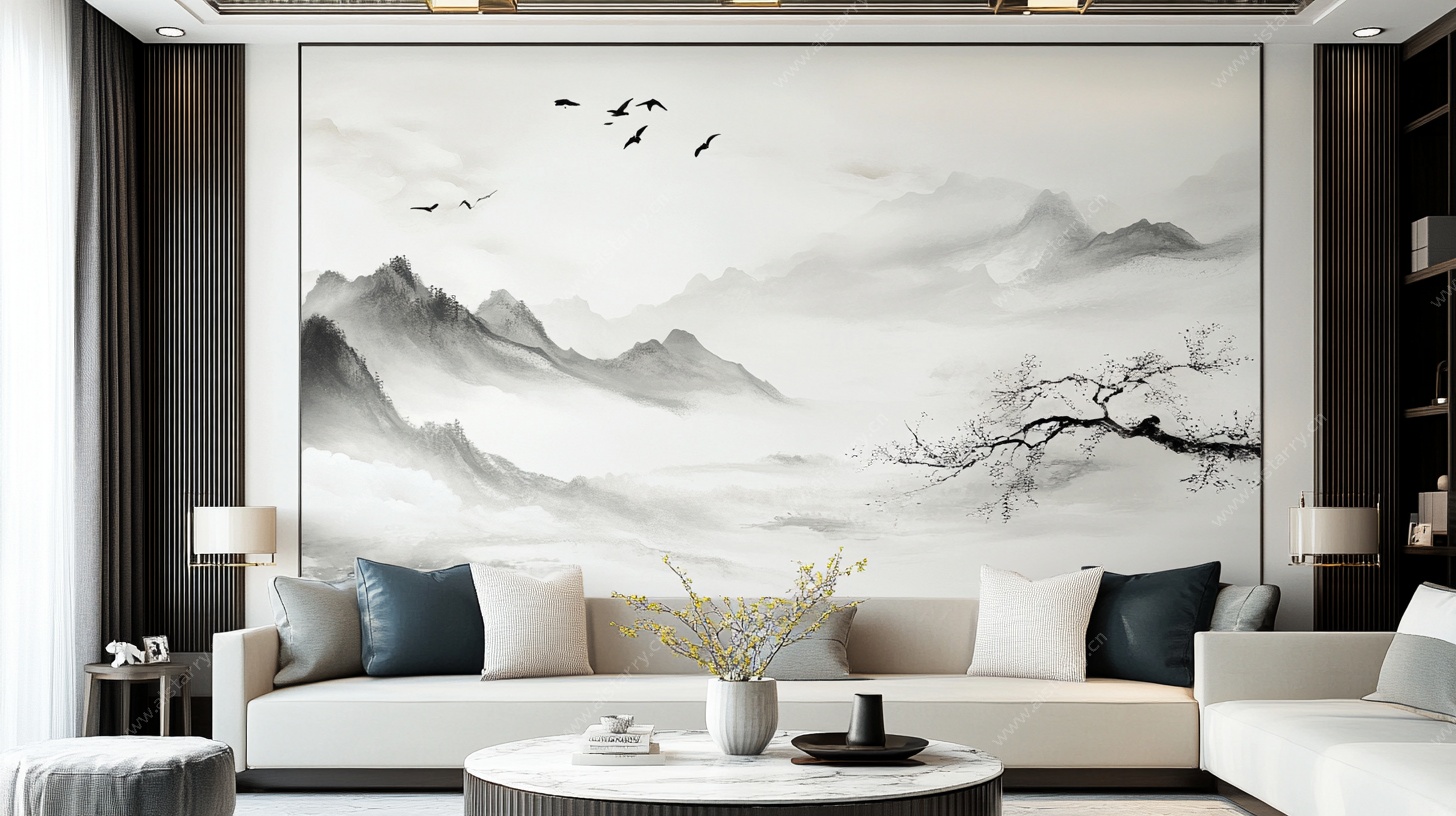 中式水墨山水客厅背景墙