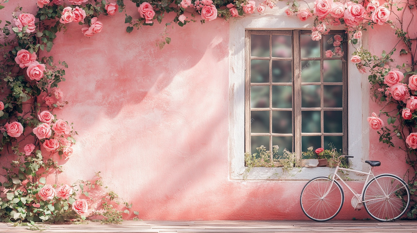 粉色花墙下的浪漫窗台