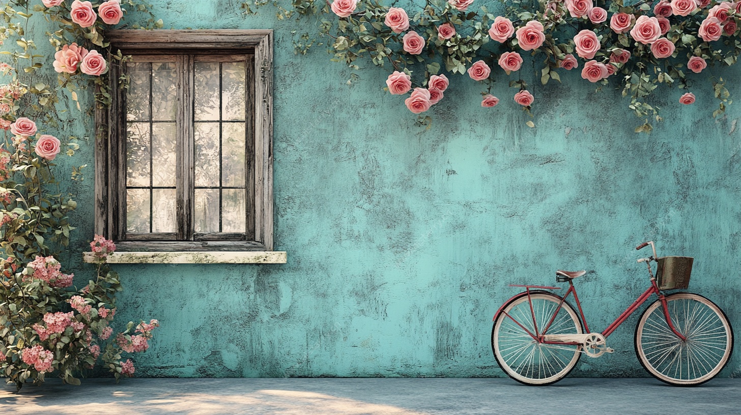 蓝墙花窗旁的复古自行车