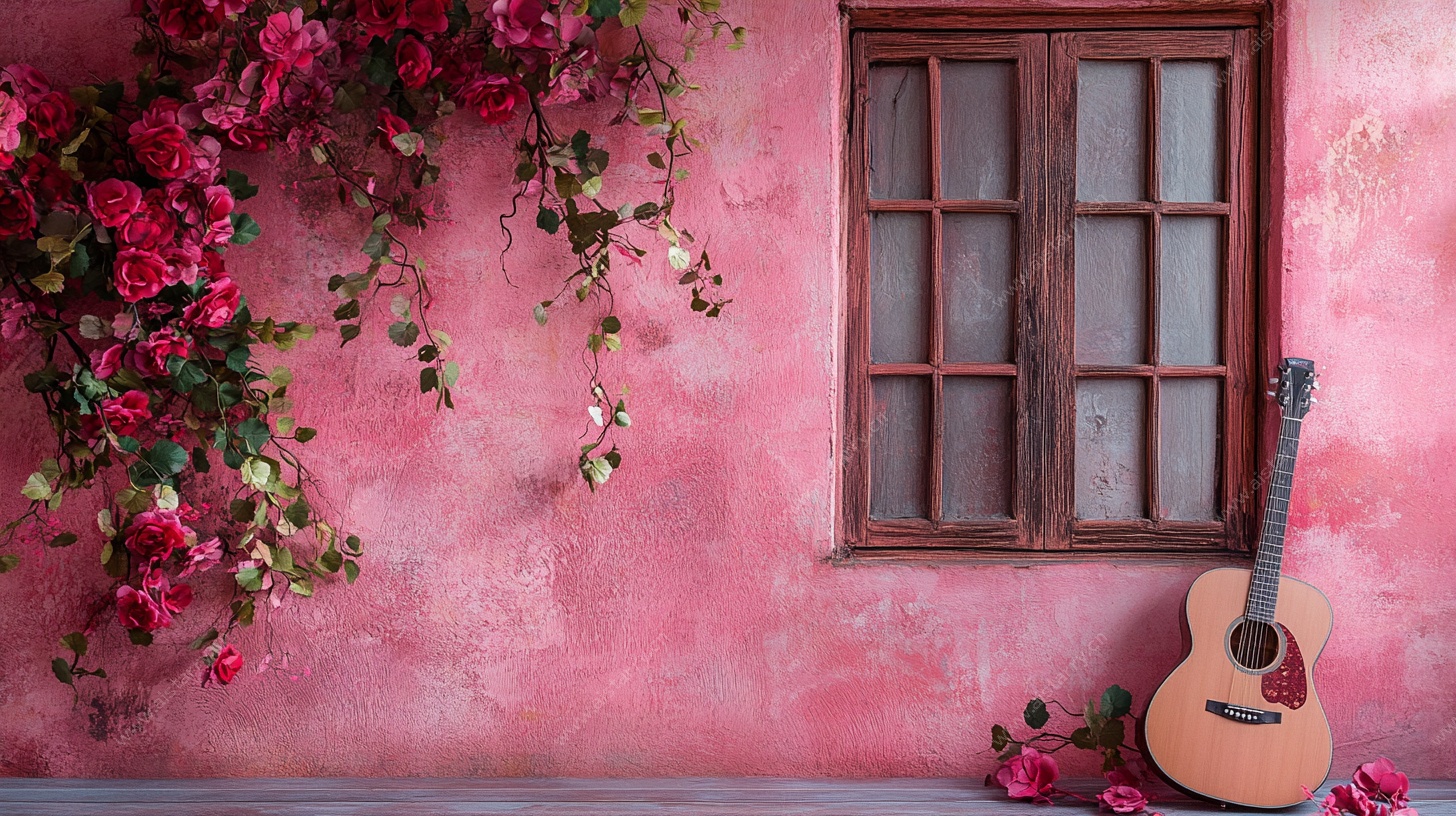 粉色花墙旁的吉他窗台