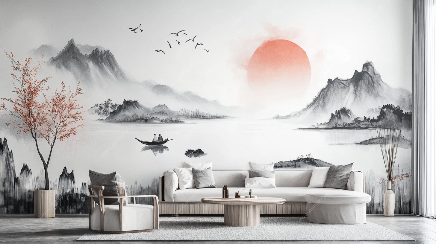 中式山水风客厅背景墙