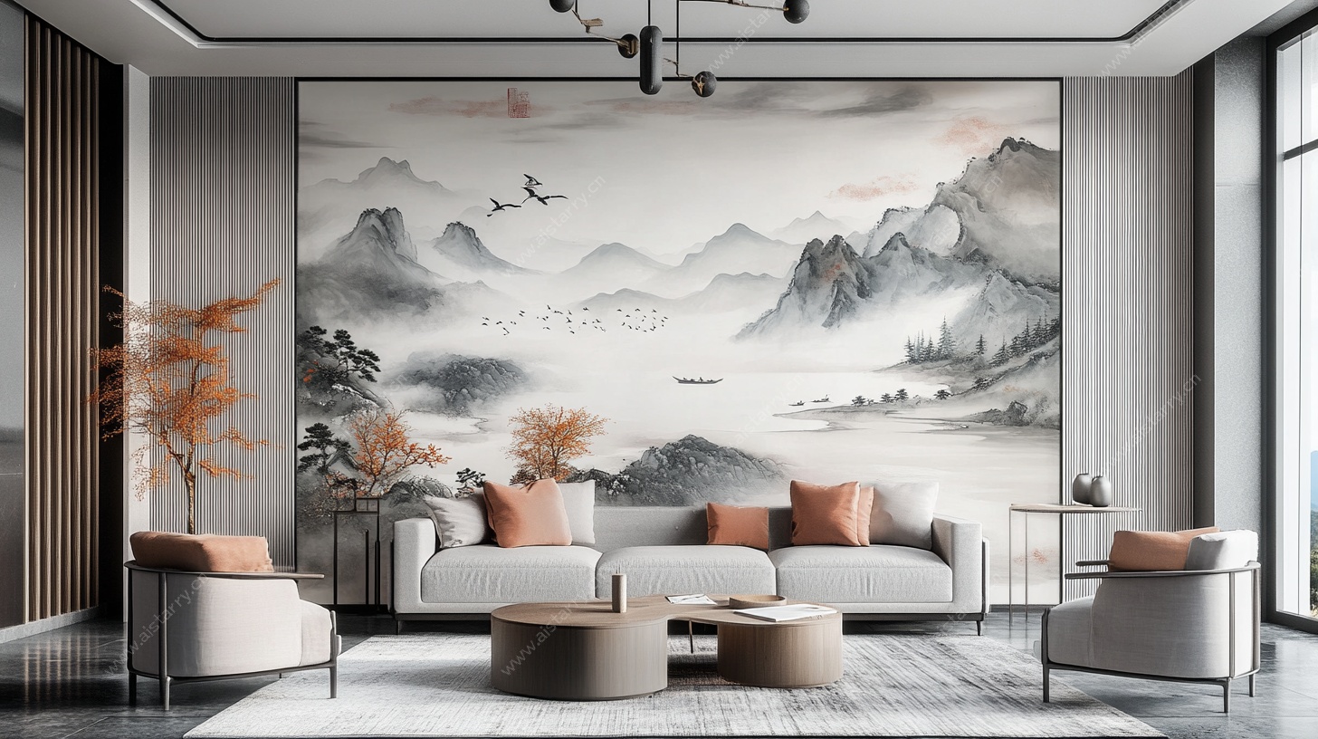中式客厅山水壁画装饰图