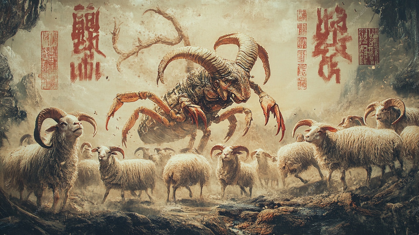 羊群前的巨蝎奇幻场景