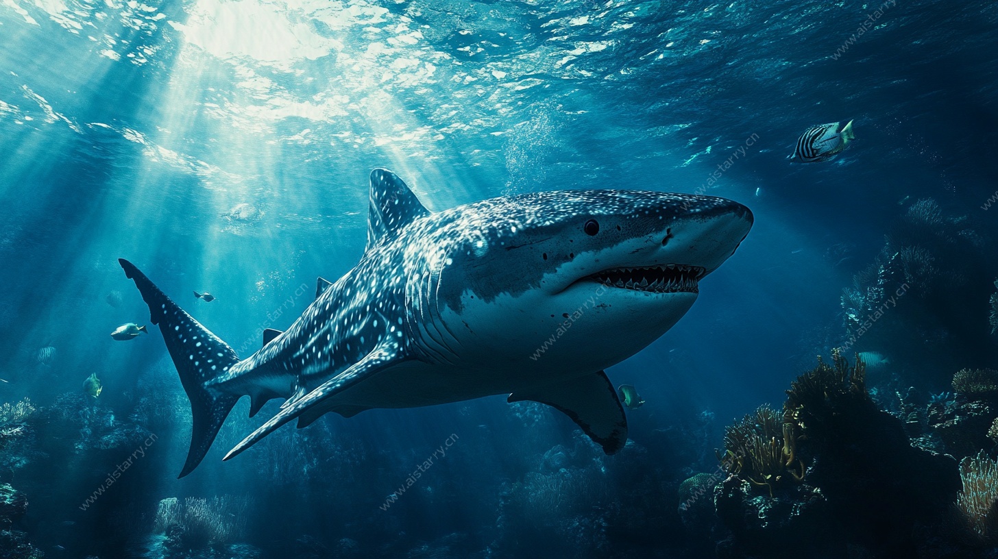 深海中的大白鲨遨游画面