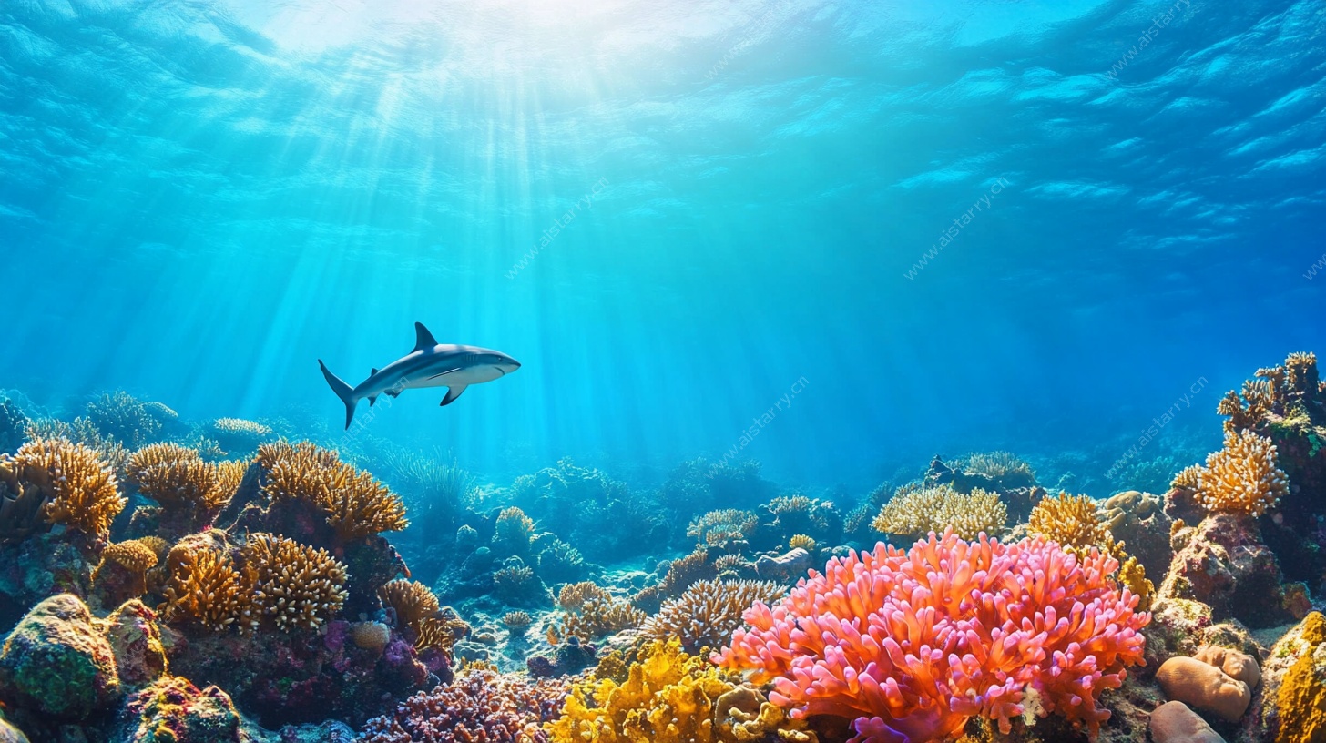海底鲨鱼与多彩珊瑚景观