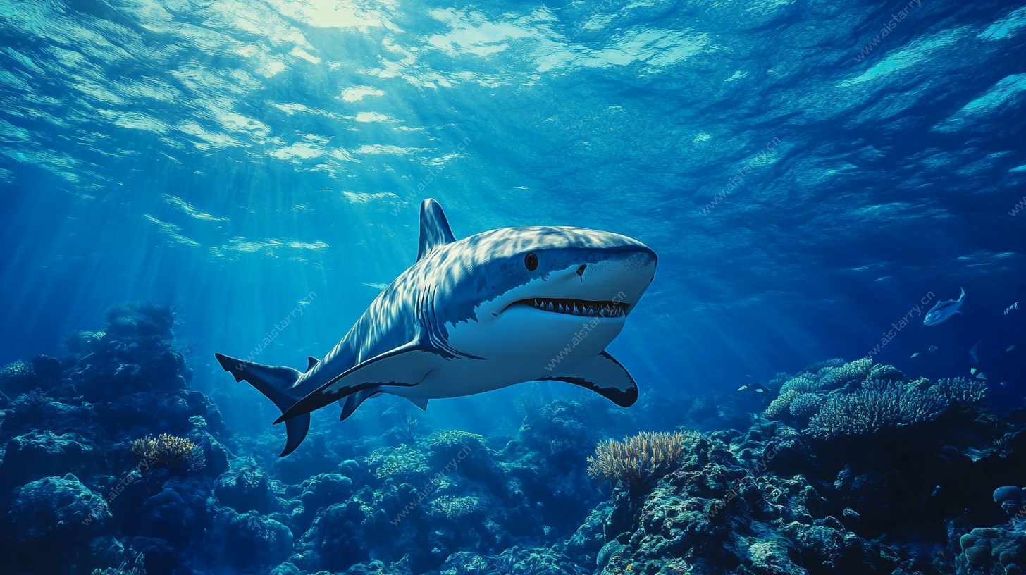 深海中的鲨鱼遨游景象
