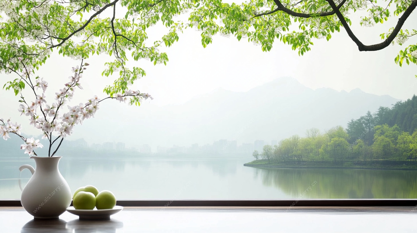 窗边春景 花瓶水果与湖山