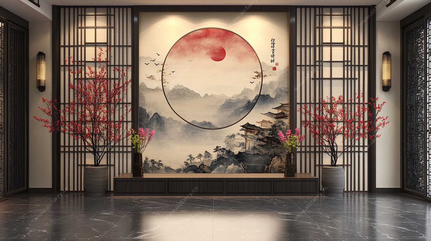 中式山水玄关装饰画场景