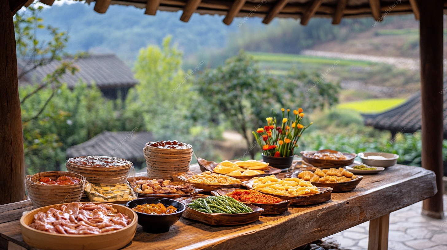 乡村户外的丰盛美食盛宴