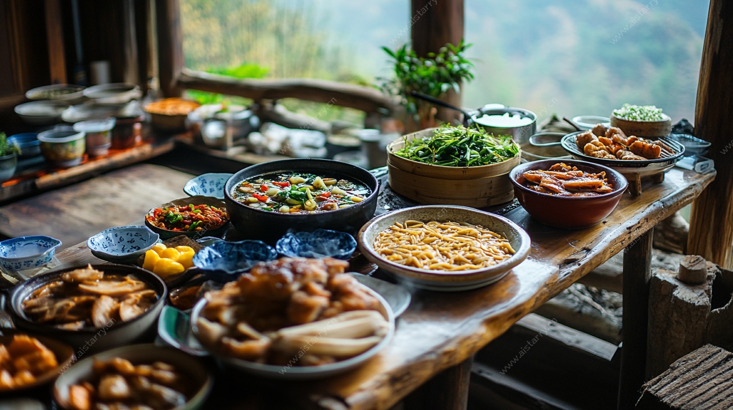 山间木桌丰盛农家菜肴