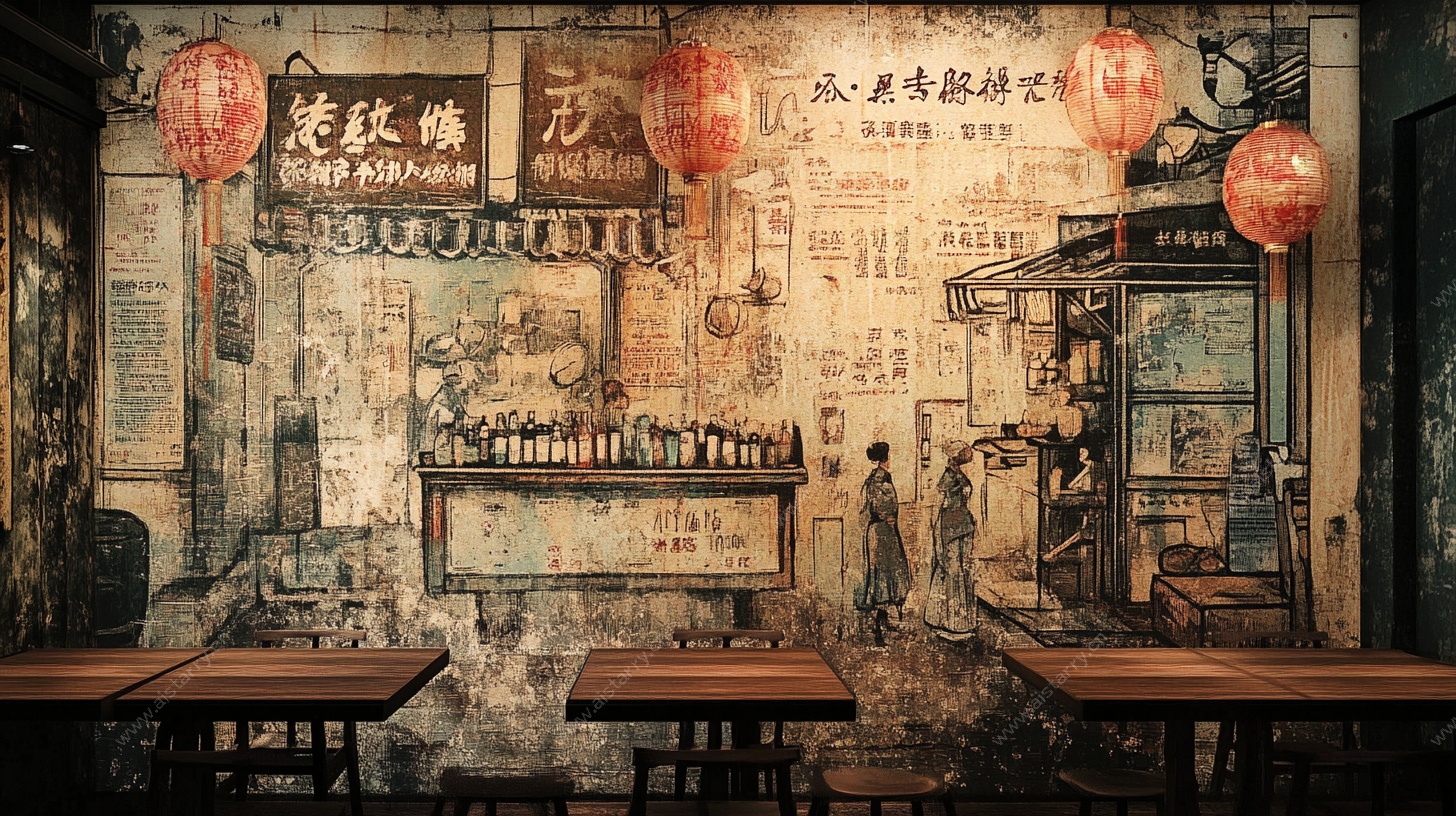 复古中式餐馆墙面装饰场景