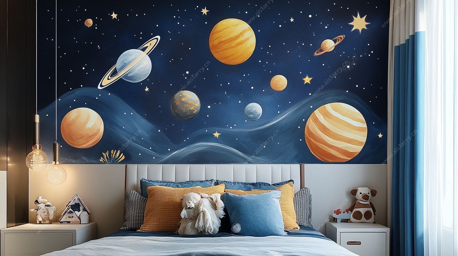 梦幻太空主题儿童房背景墙
