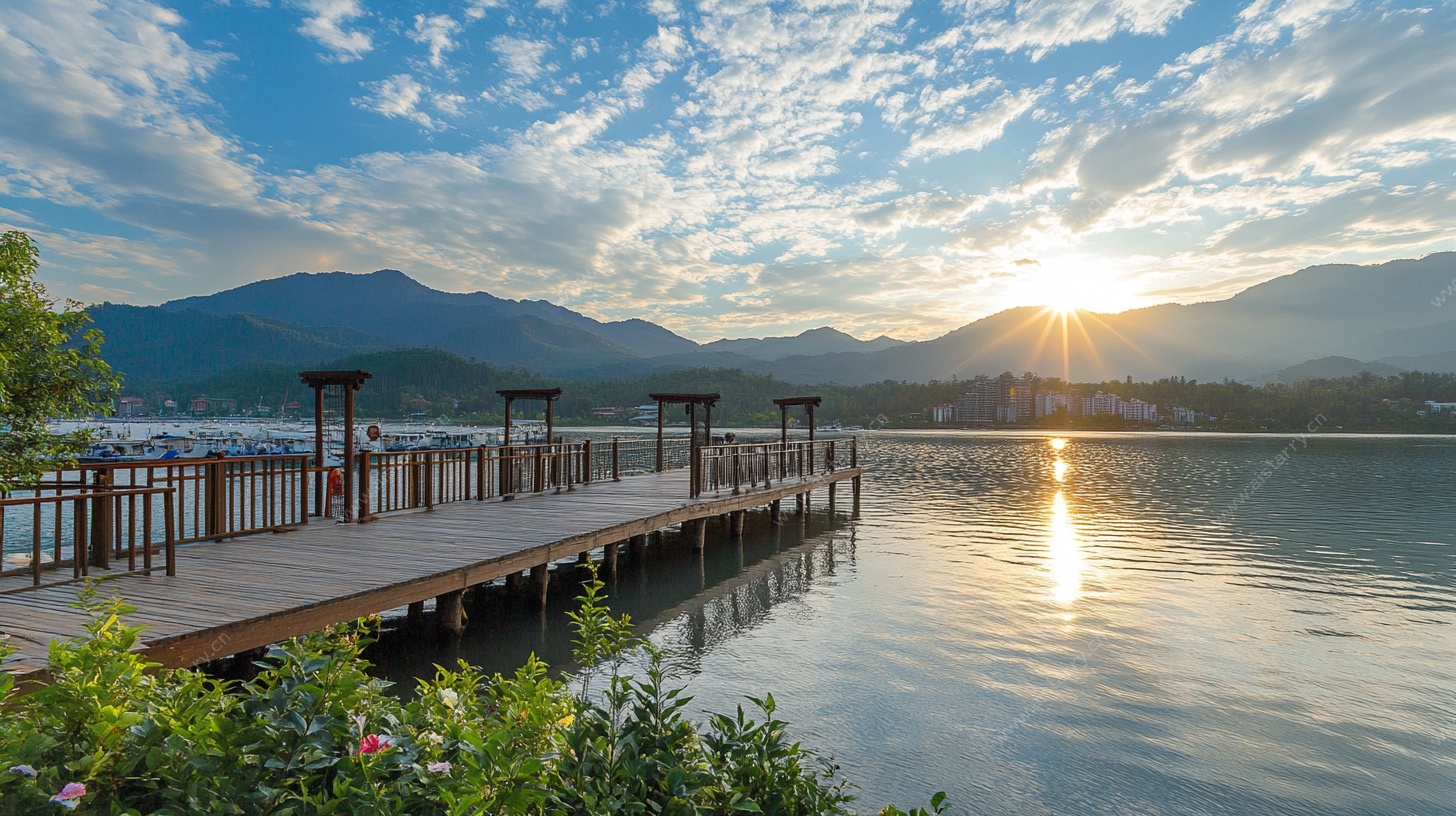 湖畔落日栈桥美景