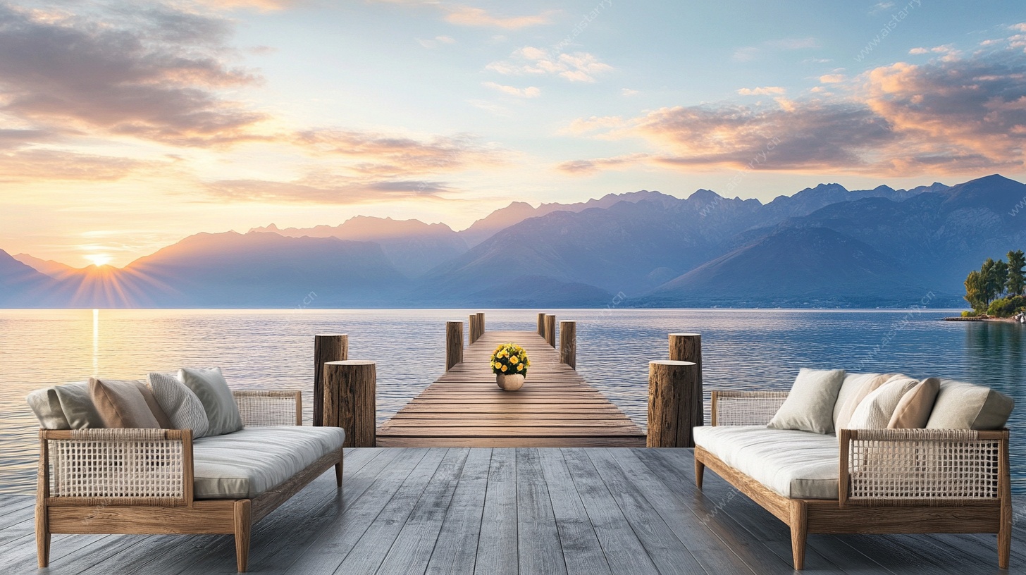 湖畔夕阳下的惬意休闲空间