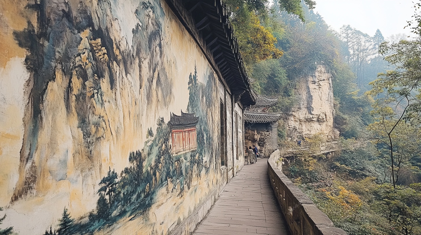 崖壁壁画旁的山间小径