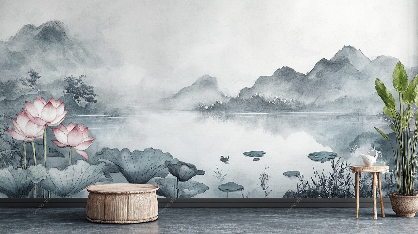 中式水墨山水荷花背景墙