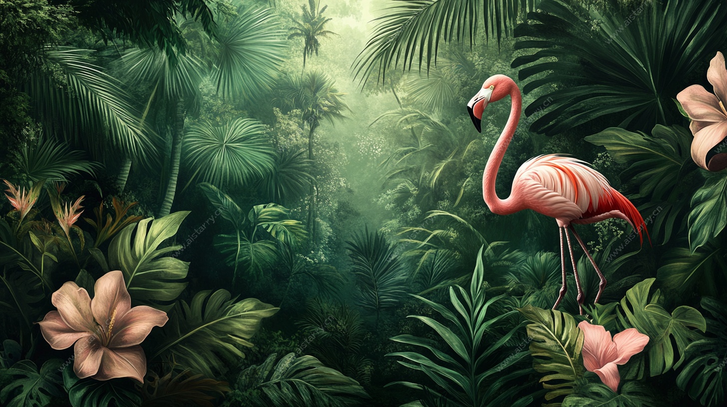 火烈鸟漫步热带丛林