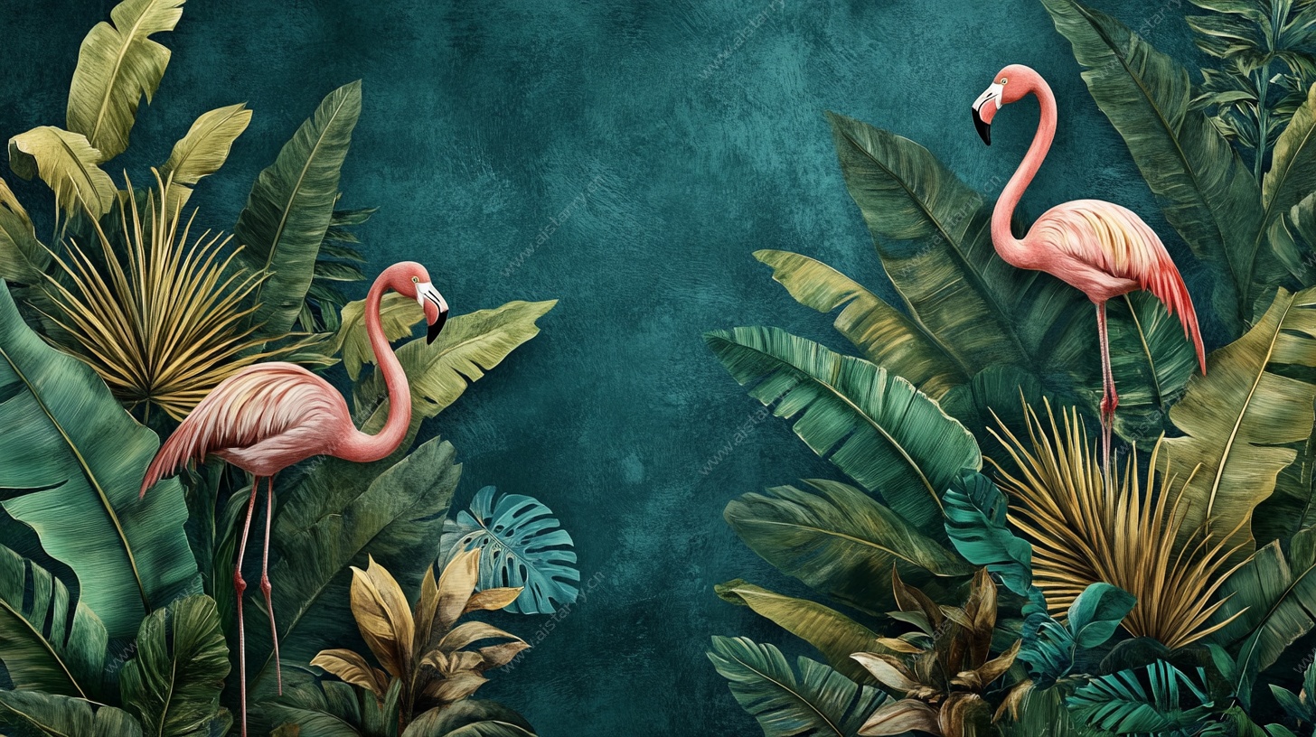 火烈鸟与热带植物背景图
