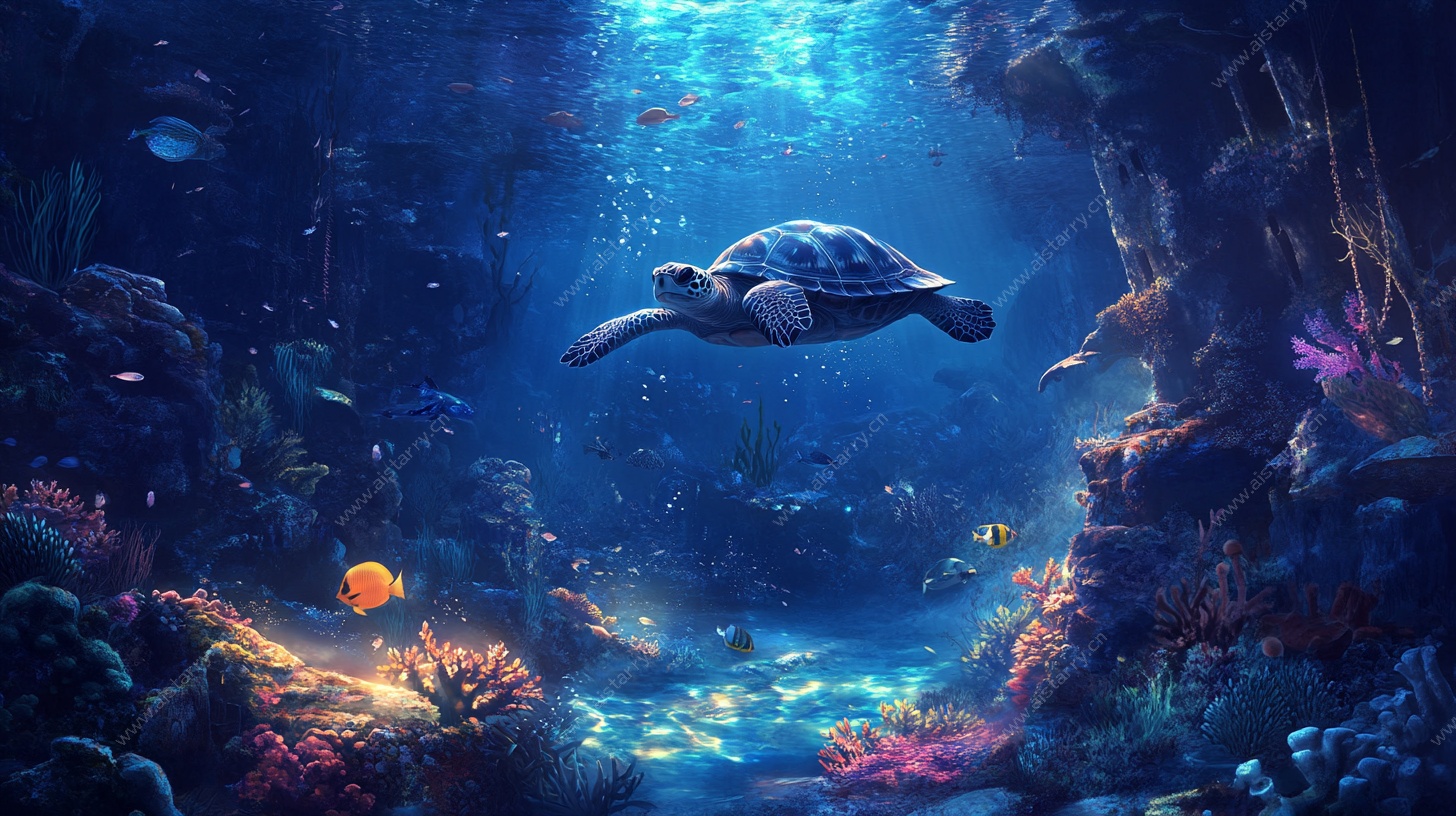 海龟悠游于梦幻海底世界