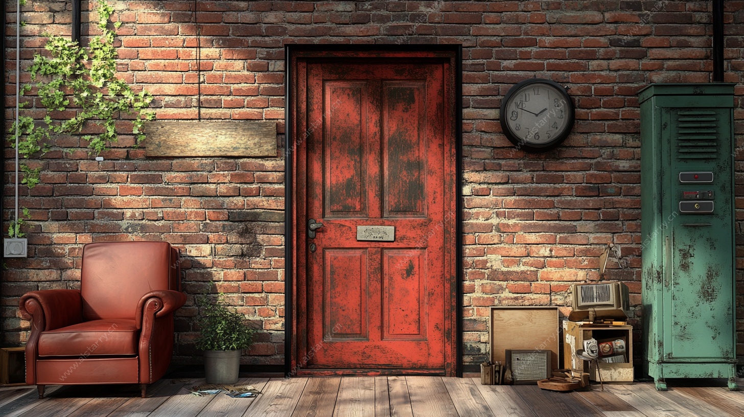 复古砖墙前的红门角落