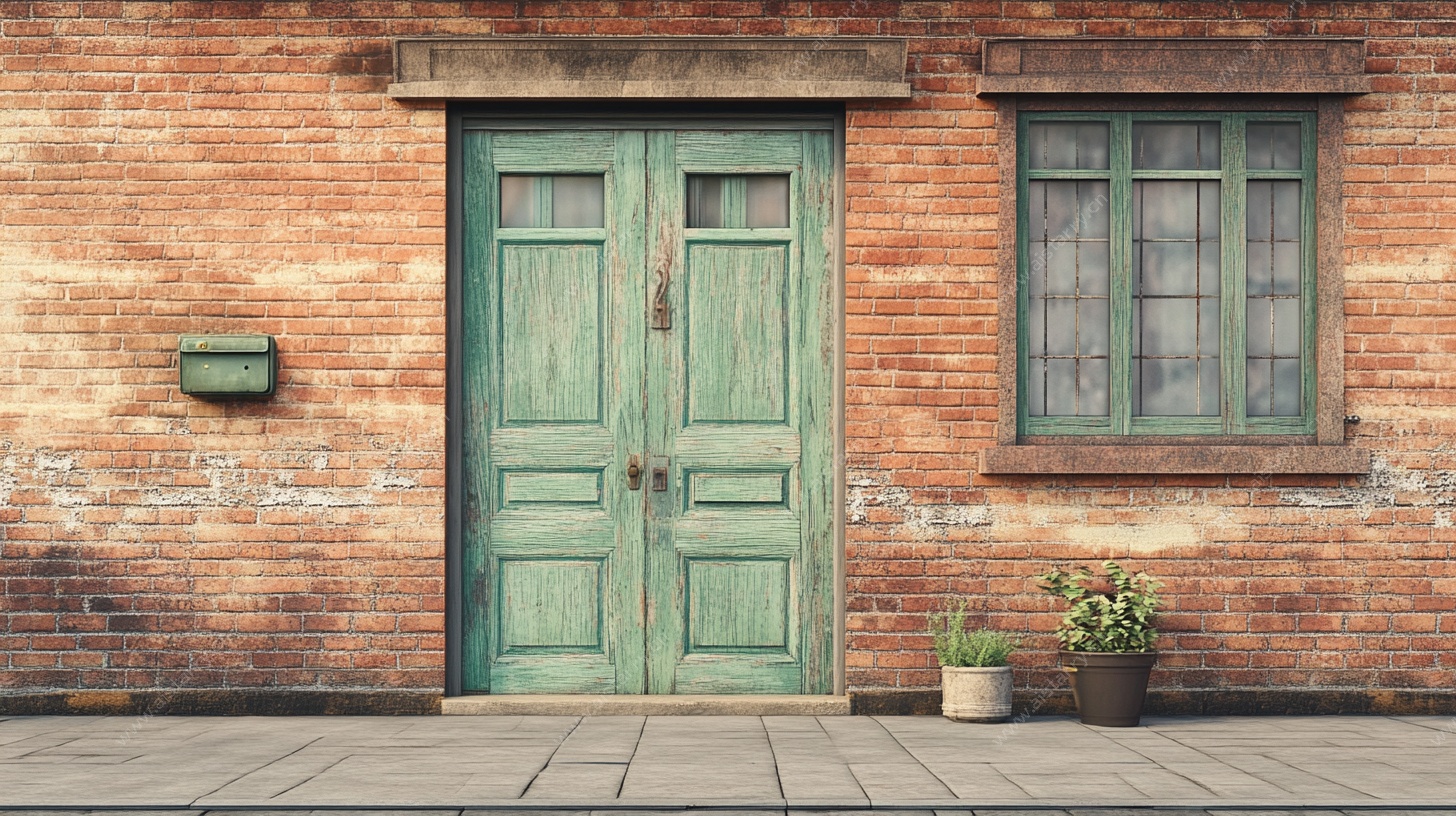 复古绿门砖墙建筑外观