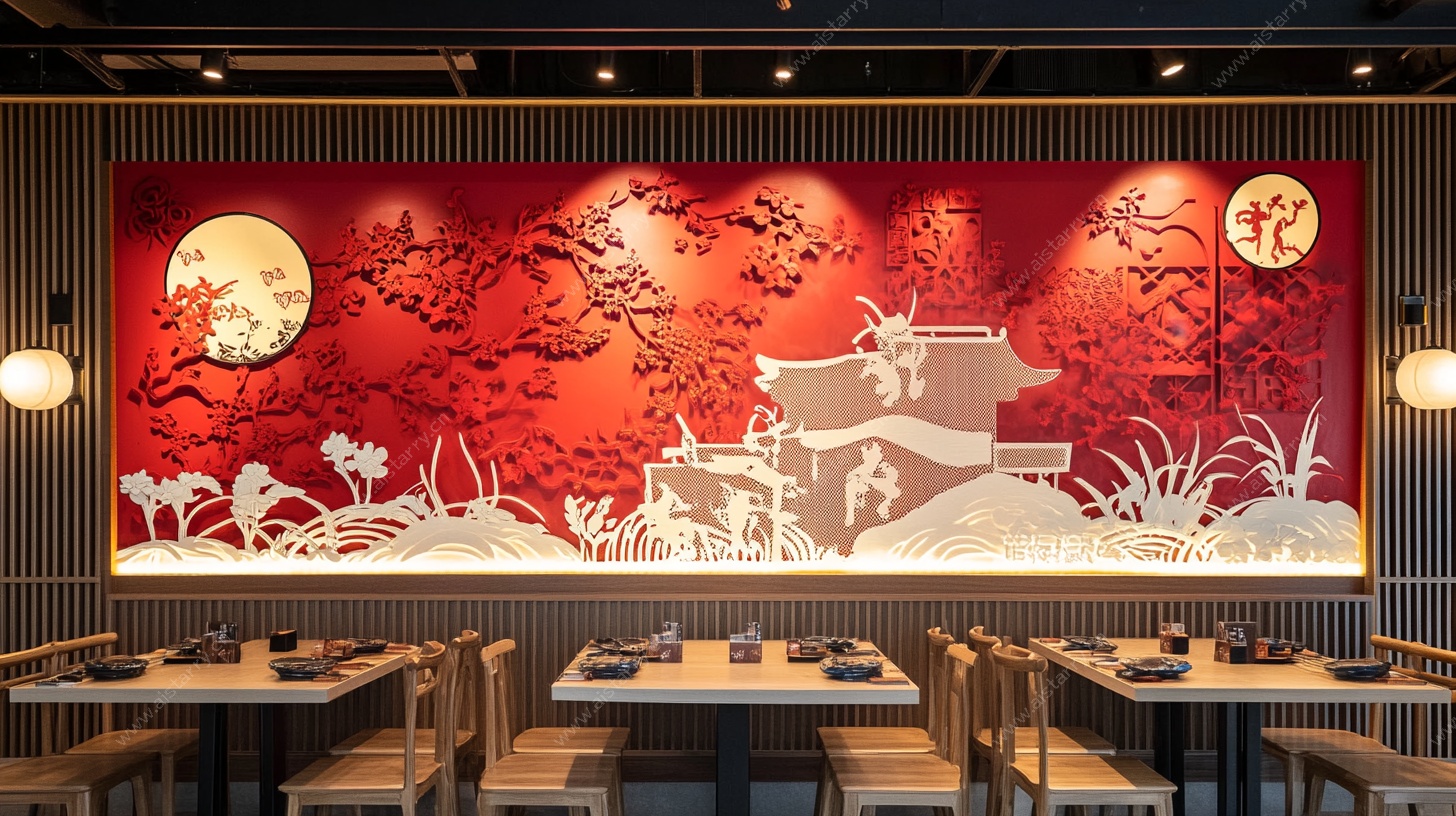 中式餐厅红色剪纸风背景墙