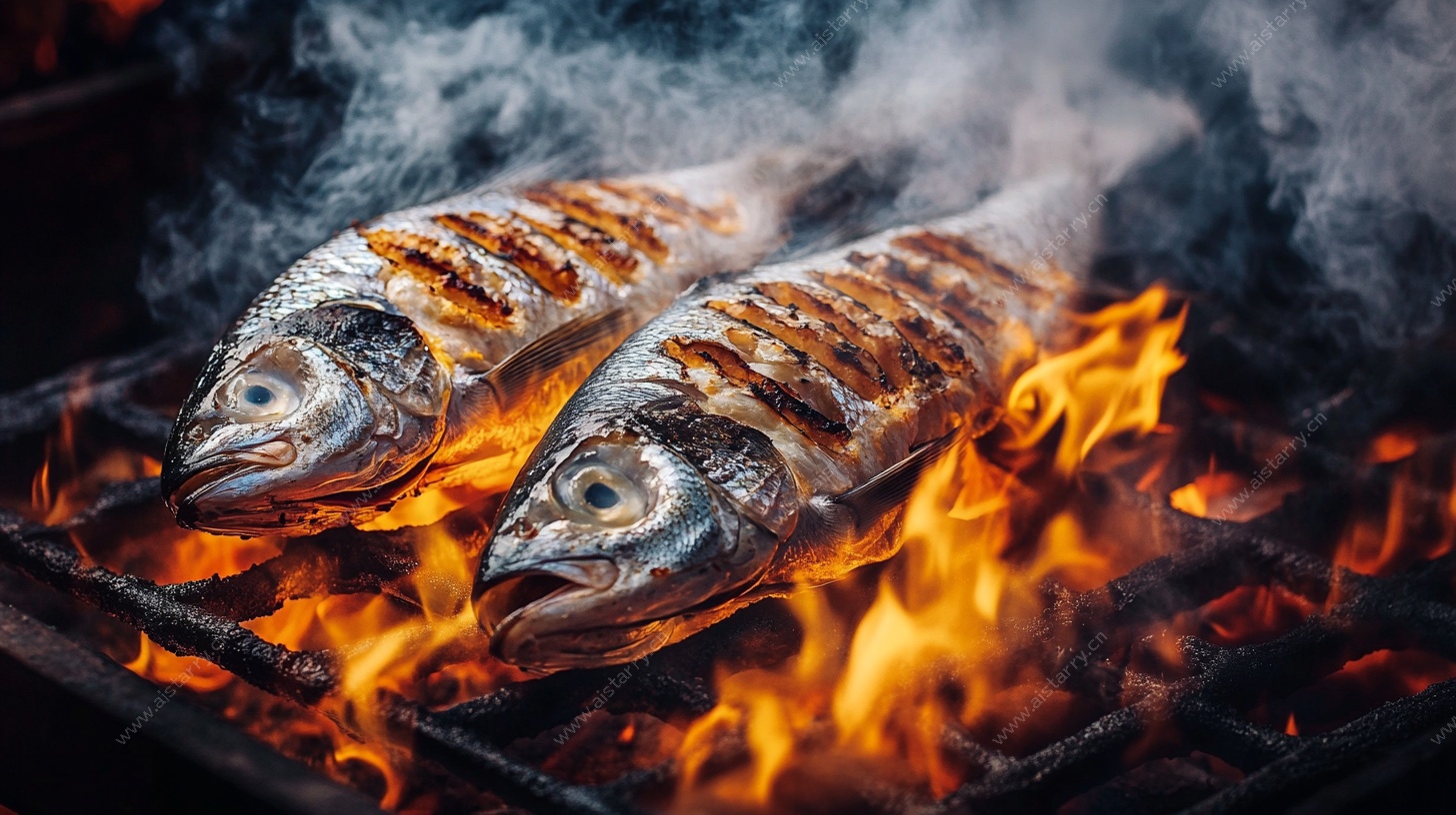 炭火上的香烤鲜鱼