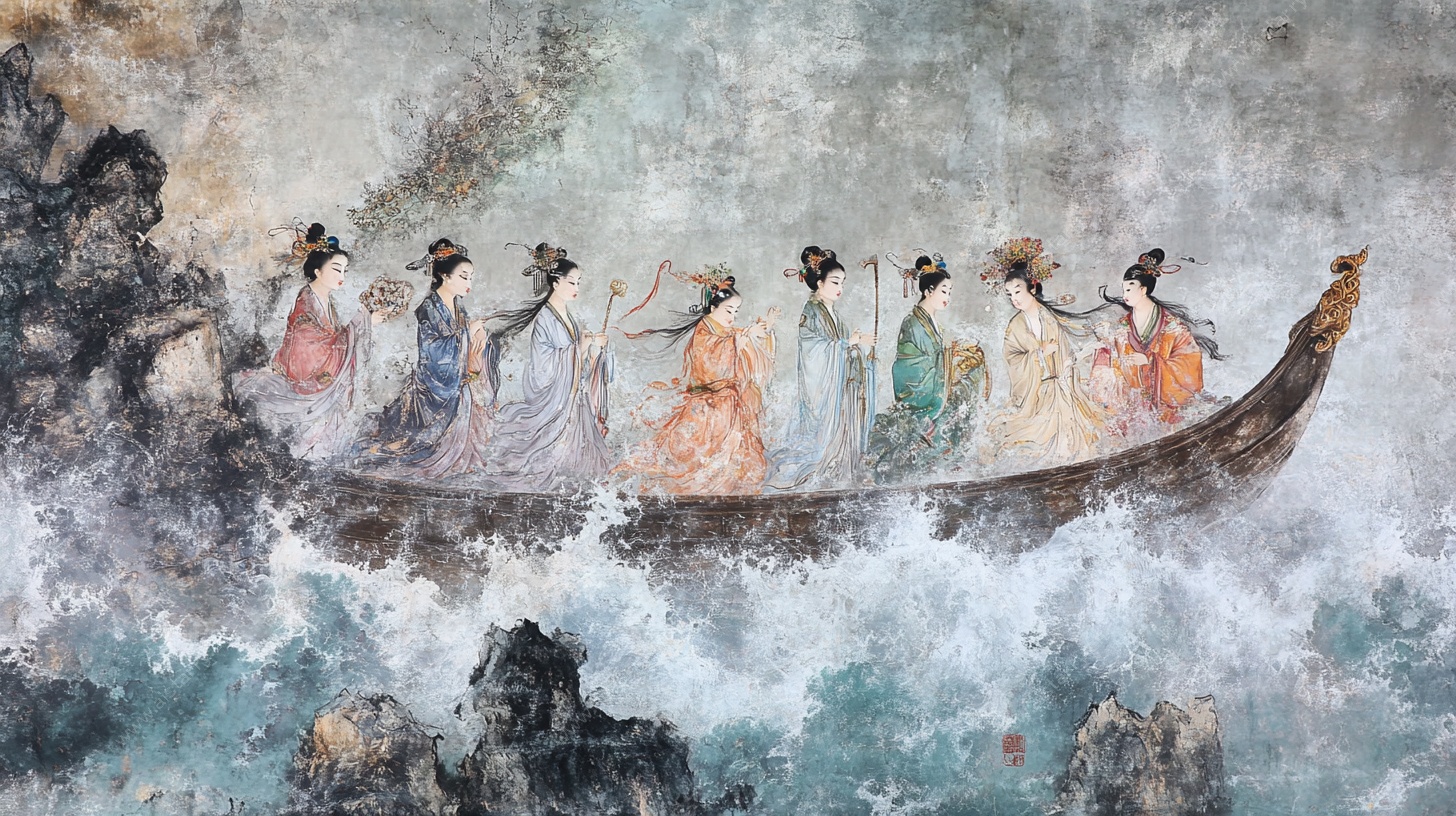 古风群仙乘船渡海图