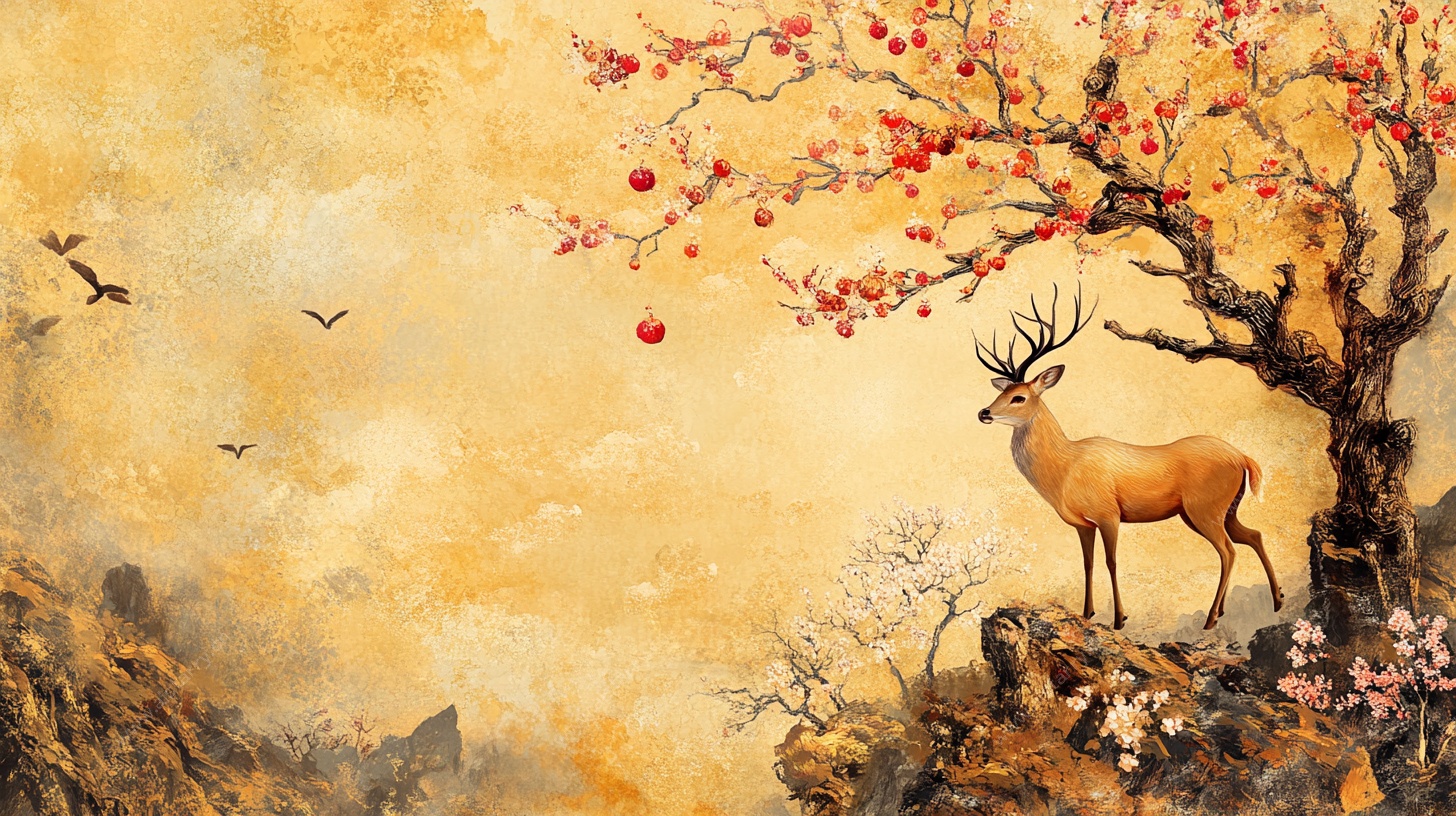 梦幻鹿景 枝头繁花飞鸟