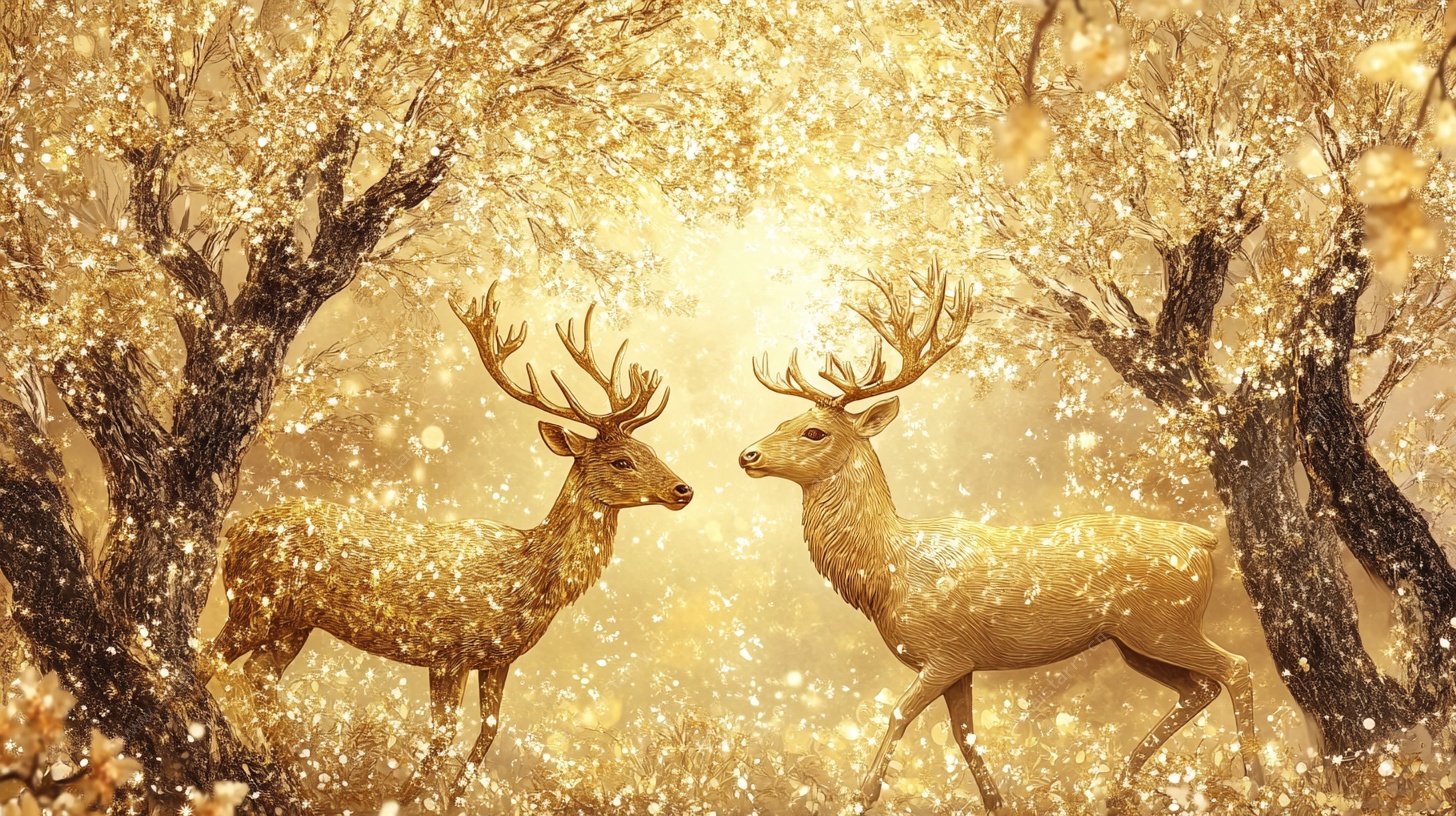 金色梦幻森林中的双鹿