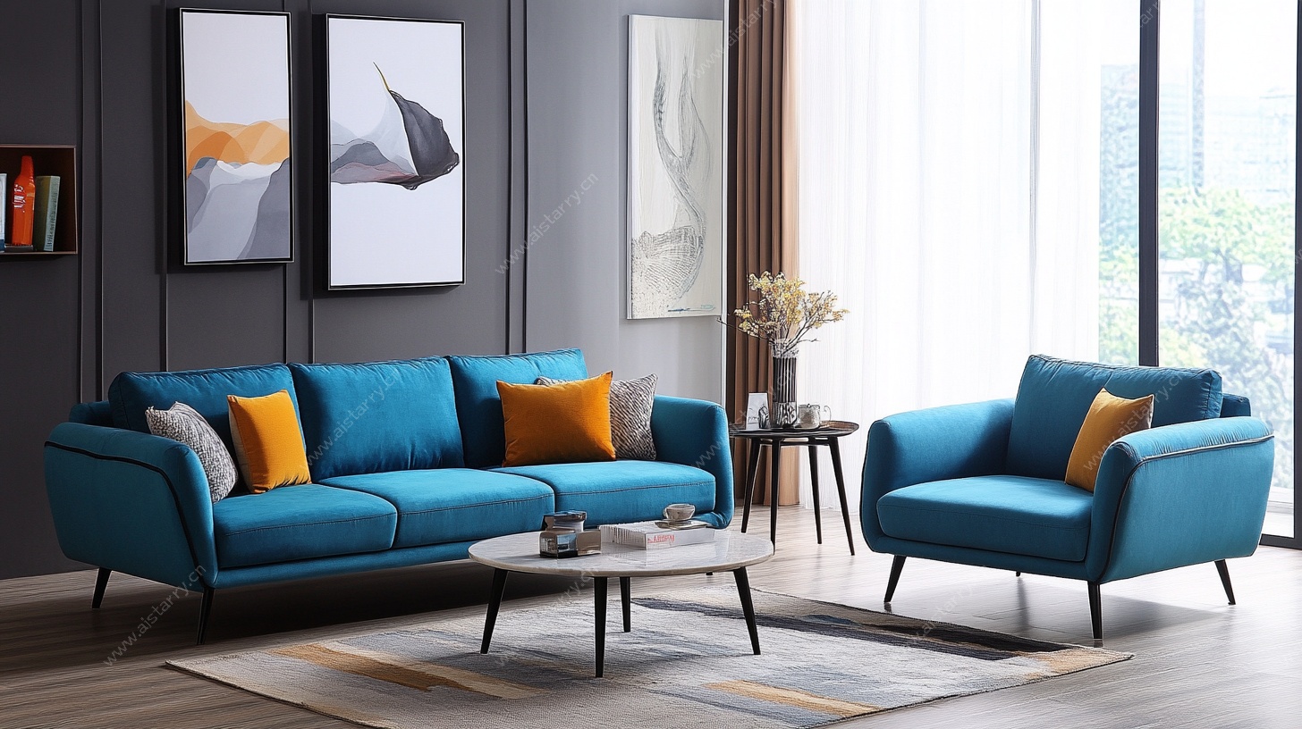 现代简约蓝色系客厅沙发