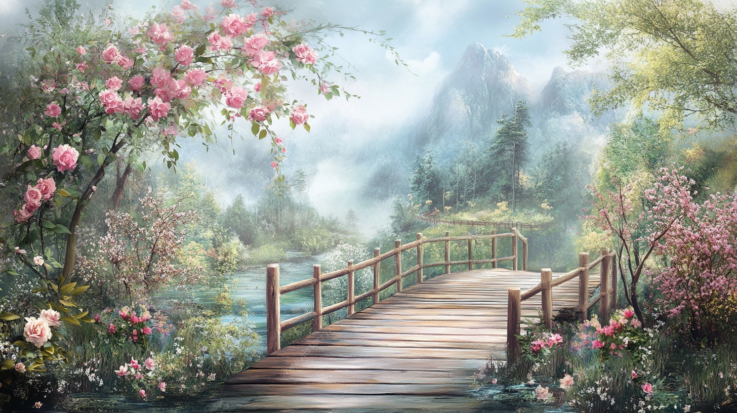 梦幻花径木桥山水风景图