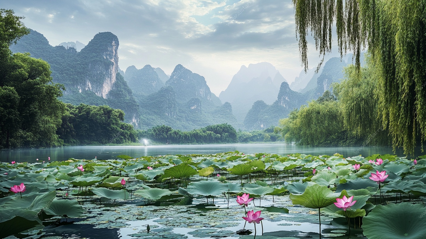 夏日荷塘山水诗意画卷