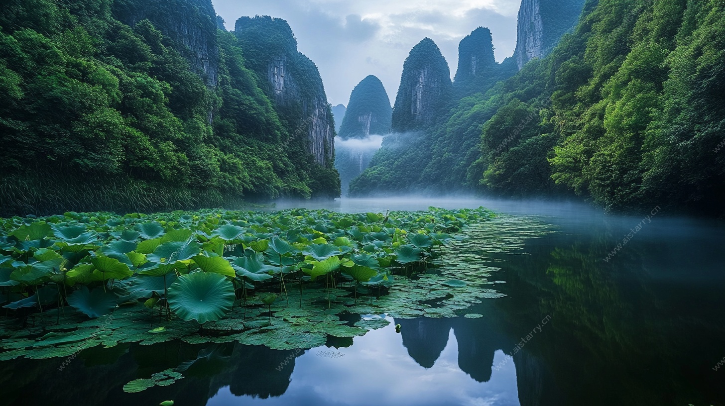 山水荷塘美景图