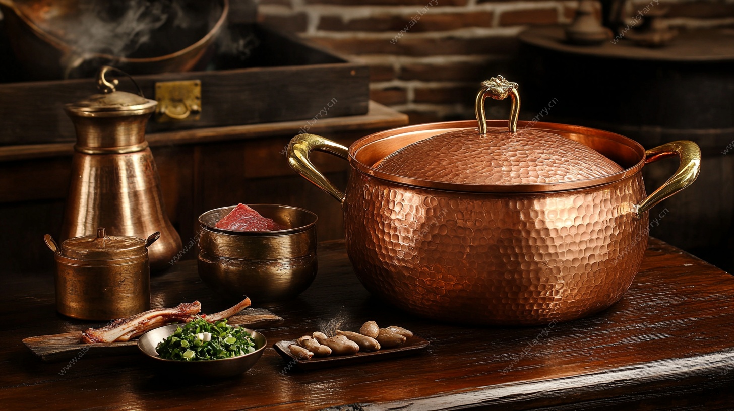 复古铜制炊具与食材展示
